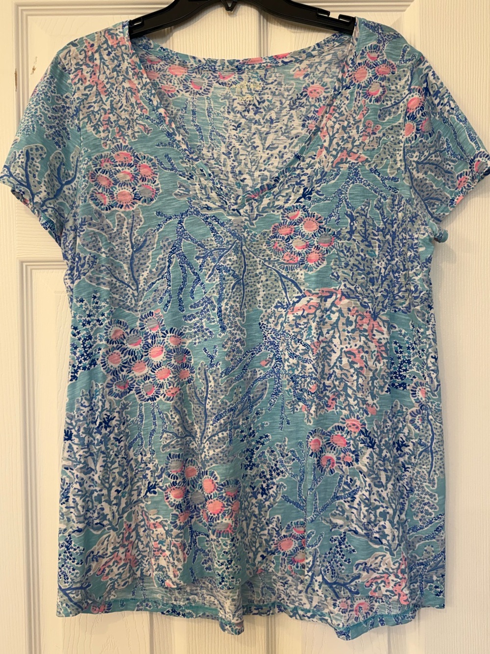Lilly Pulitzer Aqua Floral V-Neck Short Sleeve Etta